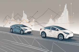 Several autonomous vehicles on a road made of stock market graphs