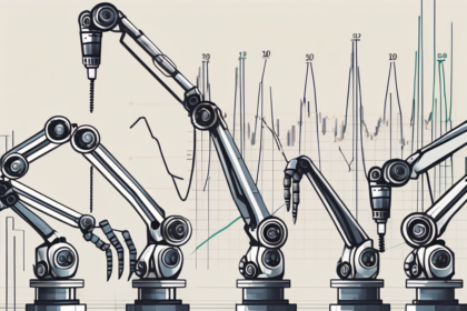 A factory line with various robotic arms assembling different parts of a stock market graph