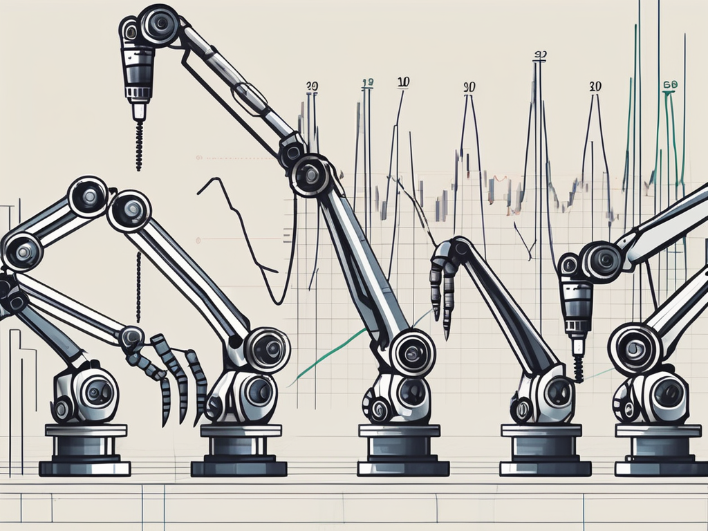 A factory line with various robotic arms assembling different parts of a stock market graph