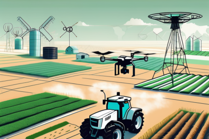 A futuristic farm landscape filled with high-tech equipment like drones