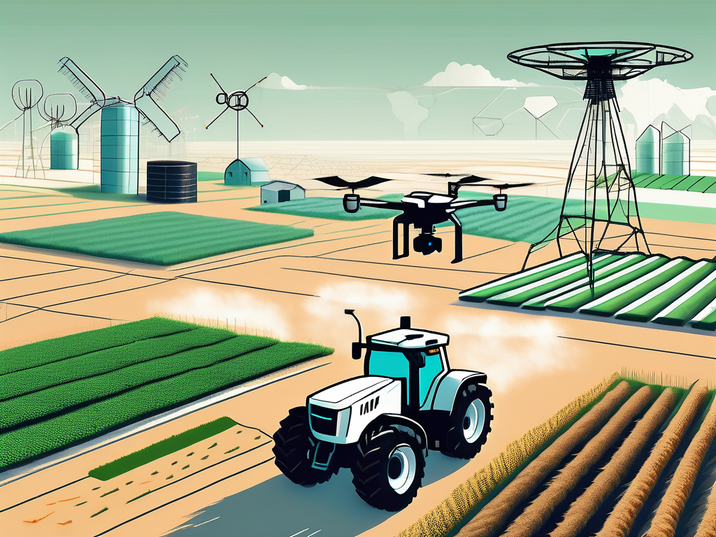 A futuristic farm landscape filled with high-tech equipment like drones