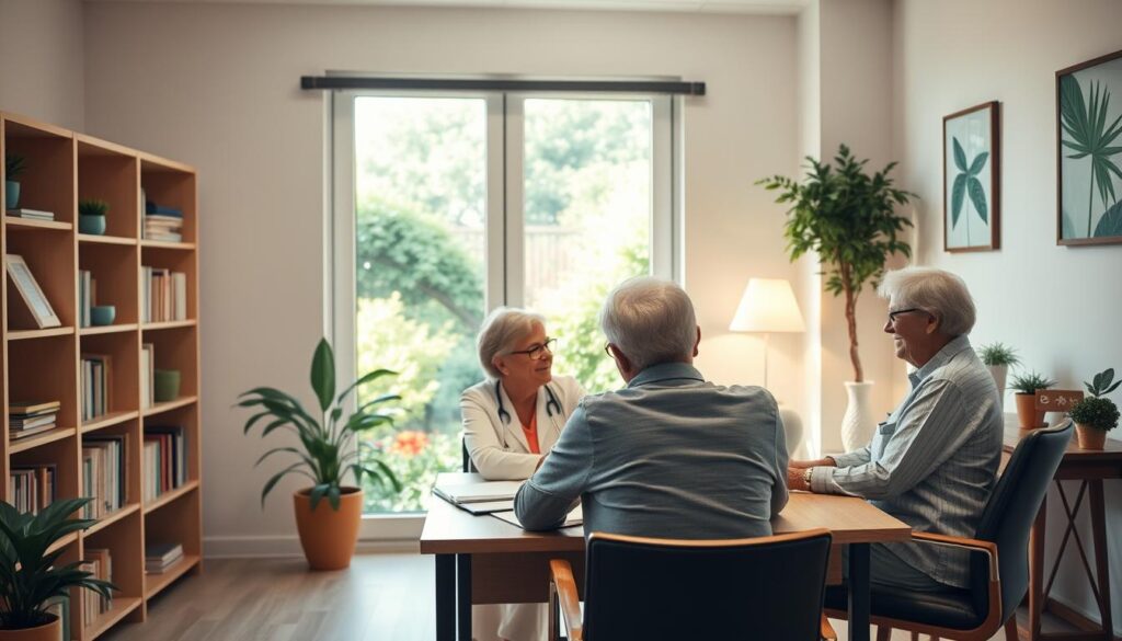 A bright, airy healthcare planning office for retirees. In the foreground, a senior couple sits at a wooden desk, discussing retirement plans with a friendly financial advisor. The middle ground features a bookshelf filled with medical and retirement planning resources, and a large window overlooking a serene garden. Soft, warm lighting casts a welcoming glow, and the walls are adorned with soothing, nature-inspired artwork. The overall atmosphere conveys a sense of reassurance and confidence as the retirees navigate their healthcare and financial future.