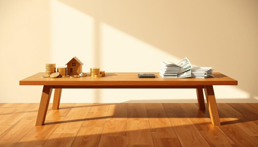 A clear, minimalist illustration of assets and liabilities. A solid wooden table in the foreground, with assets (gold coins, jewelry, property deeds) neatly arranged on the left side, and liabilities (unpaid bills, credit cards, loans) on the right side. The table is bathed in warm, directional lighting, casting shadows that create depth and emphasize the contrast between the two categories. The background is a clean, neutral space, allowing the table and its contents to be the focal point. The overall mood is one of thoughtful organization and financial awareness.