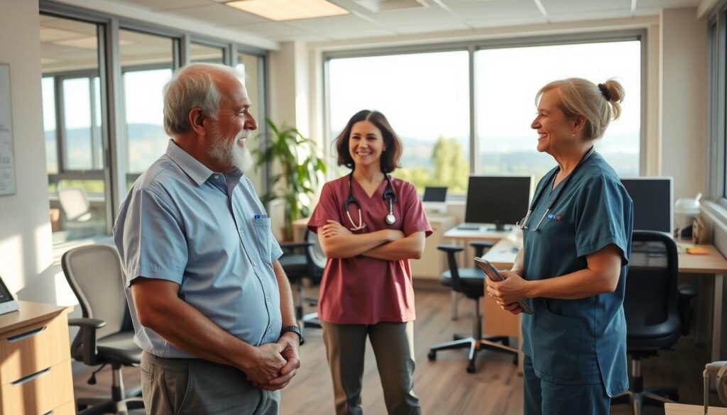 A cozy healthcare office setting, with a welcoming atmosphere. In the foreground, a retired man in casual attire speaks animatedly with a smiling healthcare professional, perhaps a nurse or medical assistant. The middle ground features ergonomic workstations and medical equipment, conveying a sense of professionalism and care. The background showcases tranquil views through large windows, with natural lighting flooding the space. The overall scene embodies the rewarding nature of healthcare roles that allow retirees to utilize their expertise and make a positive impact on people's lives.