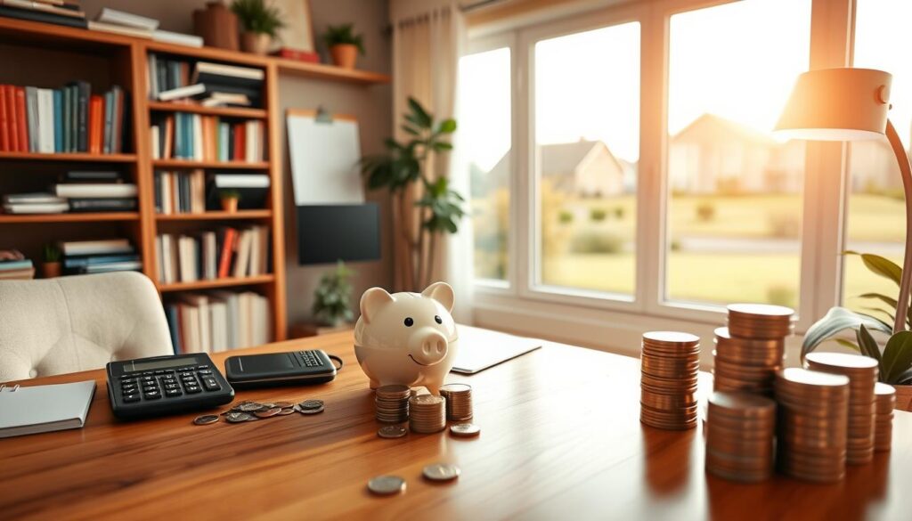 A cozy home office with a warm, inviting atmosphere. In the foreground, a wooden desk with a piggy bank, a calculator, and stacks of coins, representing the building blocks of an emergency fund. In the middle ground, bookshelves filled with financial planning guides and a wall calendar, hinting at the organization and preparation required. The background features a large window with soft, natural lighting, overlooking a serene suburban landscape, symbolizing the peace of mind that comes with a well-managed emergency fund. The overall scene conveys a sense of financial security and control, ready to face any unexpected challenges.