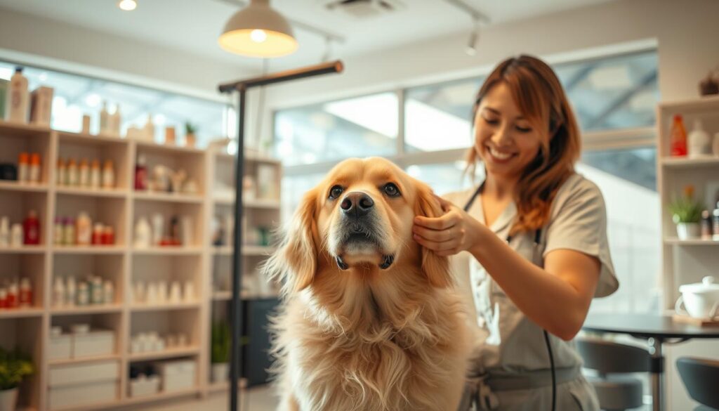 A cozy pet grooming salon with warm lighting and a welcoming atmosphere. In the foreground, a friendly pet groomer tenderly brushes a fluffy golden retriever. Shelves in the middle ground display an array of pet care products and accessories. In the background, large windows allow natural light to fill the space, creating a serene and inviting environment. The overall scene conveys a sense of care, comfort, and professionalism, perfectly capturing the essence of pet care services.