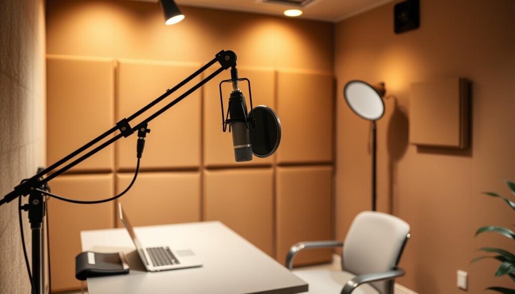 A cozy, well-lit home studio with a professional-grade microphone on a boom arm, positioned at the ideal angle for comfortable recording. A soundproofed backdrop featuring muted, earthy tones that create a soothing, intimate atmosphere. The setup includes a sleek, modern desk and chair, with a laptop or tablet nearby for managing audio levels and editing. Soft, diffused lighting from overhead and side sources casts a warm glow, ensuring optimal visibility and clarity for high-quality podcast recordings. The overall arrangement conveys a sense of focus, productivity, and creativity - the perfect environment for an engaging, high-quality podcast.