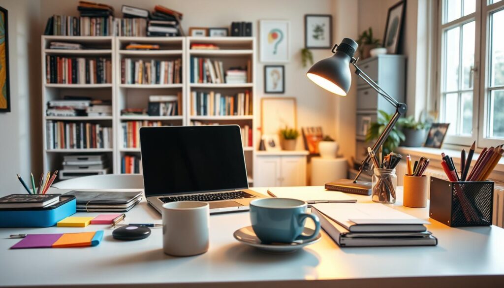A freelance services side hustle in a cozy home office. On the desk, a laptop, coffee cup, and various office supplies. Colorful sticky notes and a pen holder. Warm lighting from a desk lamp creates a focused, productive atmosphere. In the background, bookshelves filled with reference materials and inspirational decor. A large window lets in natural light, giving the space an airy, inviting ambiance. The overall scene conveys the independent, flexible nature of freelance work from a comfortable, personalized workspace.