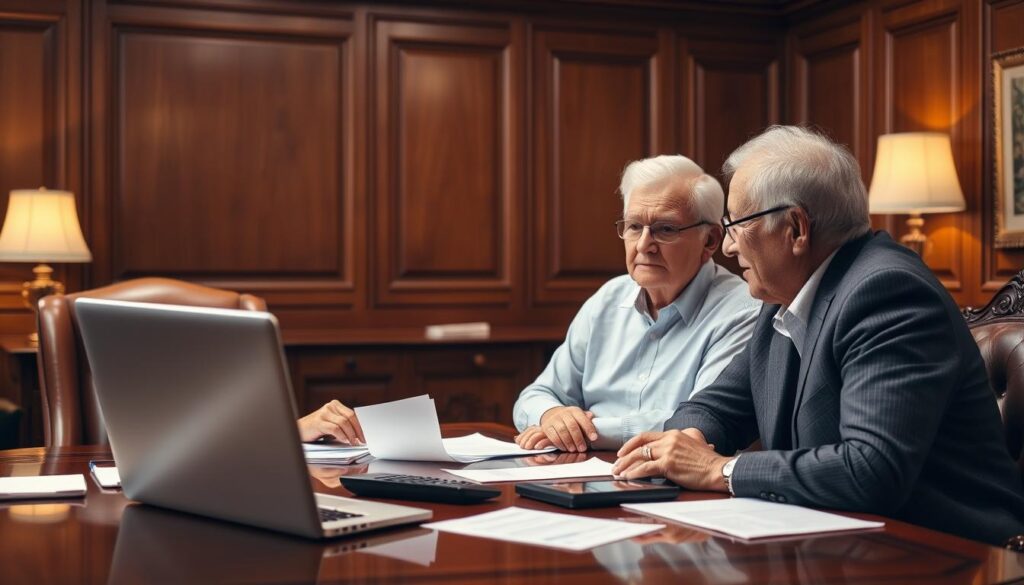 A large, ornate desk with a laptop, paperwork, and a calculator, set against a warm, wood-paneled office interior. Soft, diffused lighting illuminates the scene, creating a sense of professionalism and authority. In the foreground, an elderly couple sits across from a financial advisor, their faces thoughtful as they discuss the details of a reverse mortgage. The advisor's expression is one of empathy and expertise, guiding the retirees through the qualifications and considerations. The overall atmosphere conveys a sense of trust, wisdom, and the gravity of the decision at hand.