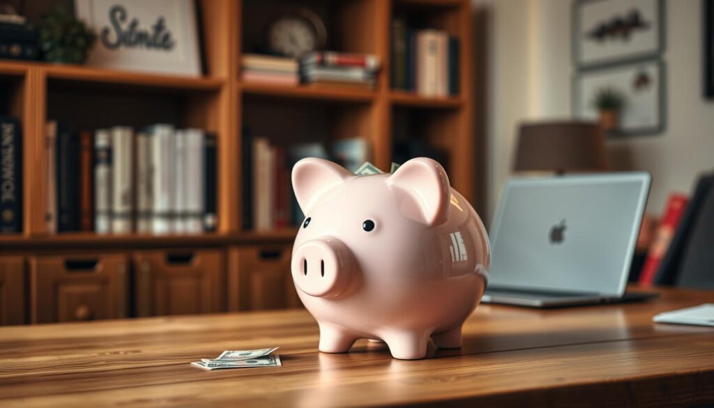 A large piggy bank filled with dollar bills, sitting on a wooden table in a cozy home office. Soft, warm lighting illuminates the scene, creating a sense of financial security and stability. In the background, a bookshelf with financial books and a laptop suggest the owner's diligent approach to managing their money. The piggy bank is the focal point, symbolizing the importance of building an emergency fund to weather unexpected financial storms. The overall mood is one of comfort, control, and preparedness.