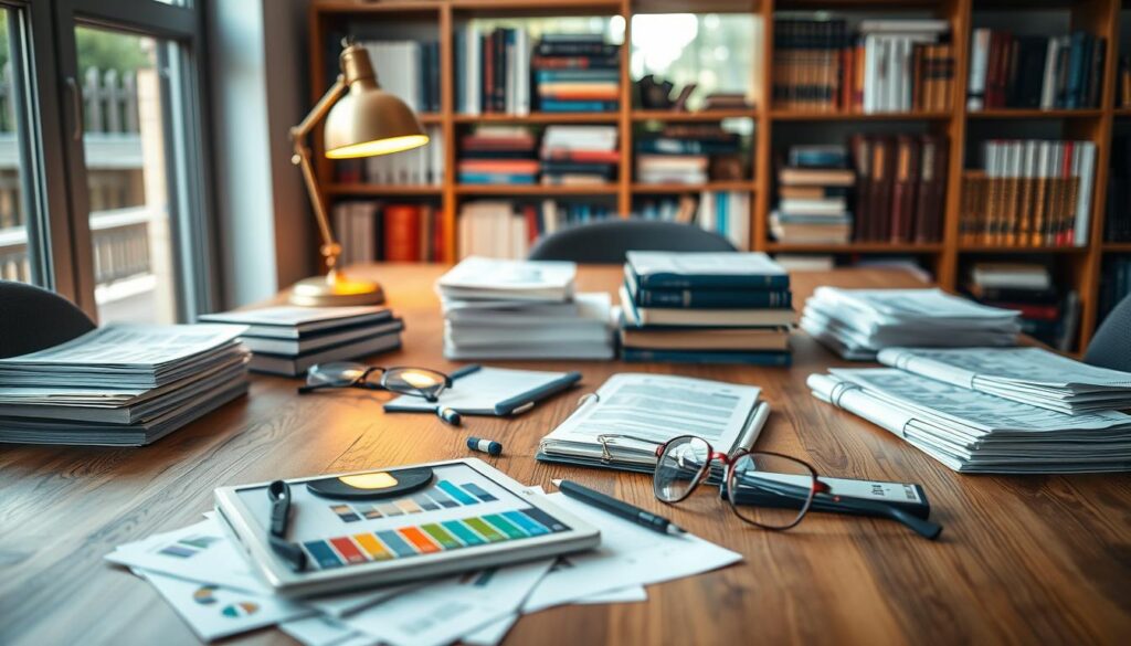 A meticulously arranged tabletop scene showcasing a variety of retirement planning tools. In the foreground, a sturdy wooden table is adorned with a sleek tablet device, a well-worn financial planner, and a set of color-coded retirement savings statements. Scattered across the surface are neatly stacked piles of documents, a pair of reading glasses, and a warm, brass desk lamp casting a soft, ambient glow. In the middle ground, a bookshelf filled with financial guides and investment manuals stands as a testament to the diligent preparation required for a secure retirement. The background features a large window, allowing natural daylight to pour in and illuminate the thoughtfully curated workspace, creating an atmosphere of focused contemplation and financial well-being.