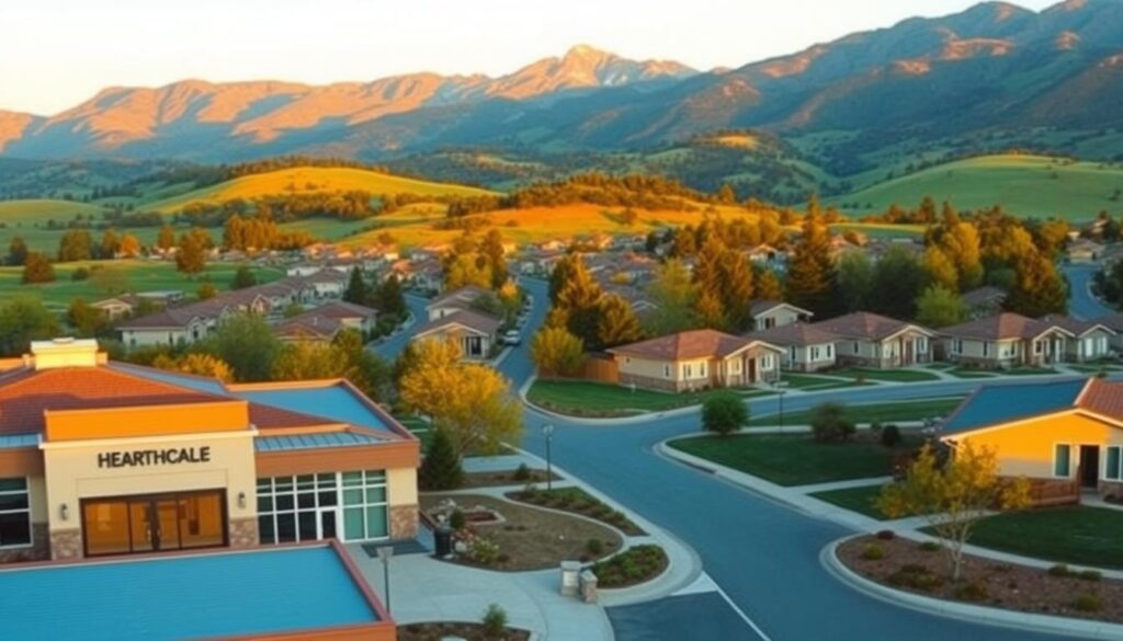 A panoramic view of a retirement town nestled in a lush, rolling landscape. In the foreground, a well-maintained, modern healthcare facility with a welcoming entryway and signage. The middle ground features well-manicured streets lined with single-story homes, each with accessible entrances and ramps. In the background, a picturesque mountain range bathed in warm, golden afternoon light. The scene conveys a sense of tranquility, accessibility, and quality of life, ideal for active retirees seeking a healthy, comfortable community.