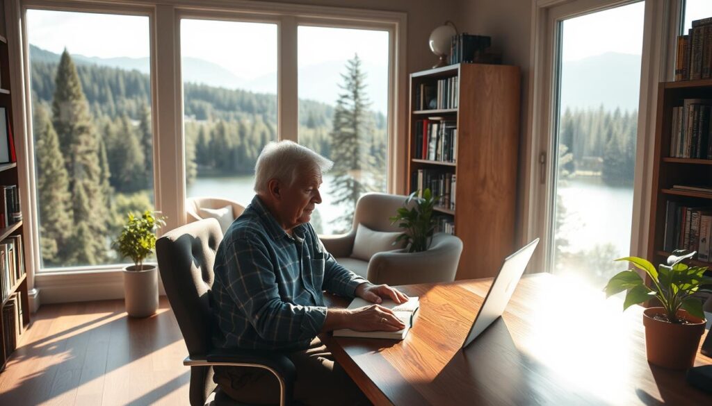 A peaceful home office overlooking a serene lake, sunlight streaming through large windows. In the foreground, a mature adult sits at a wooden desk, engrossed in a book or laptop, their expression contemplative. The middle ground reveals a bookshelf filled with volumes, a comfortable armchair, and a potted plant, all contributing to an atmosphere of intellectual curiosity and personal growth. The background depicts a lush, forested landscape, with mountains in the distance, suggesting a sense of balance and connection to nature. The lighting is soft and warm, creating a cozy, introspective mood, as the semi-retired individual finds purpose and fulfillment in this tranquil sanctuary.