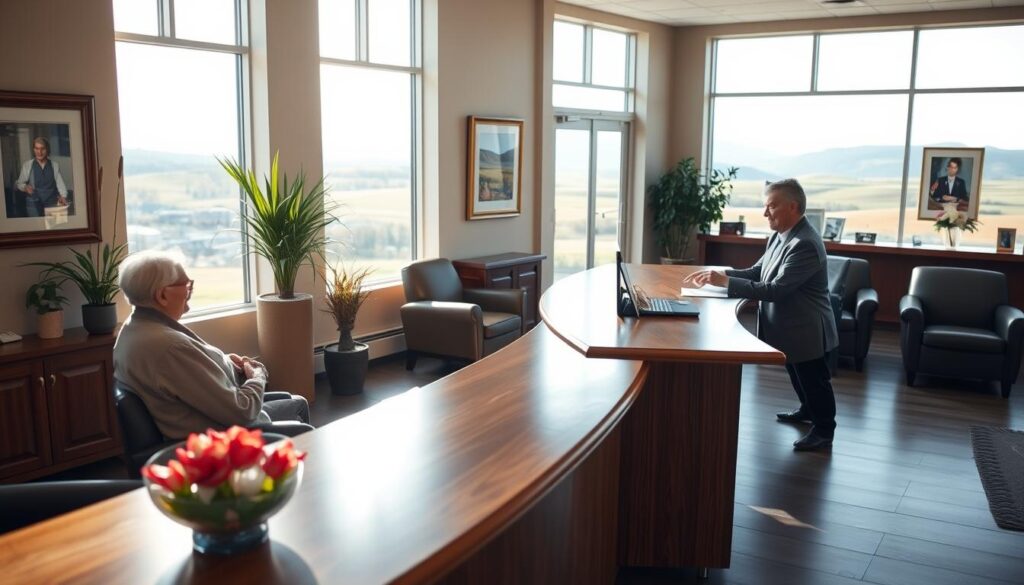 A peaceful scene of a cozy bank lobby, sunlit through large windows. In the foreground, an elderly couple sits at a polished oak desk, discussing financial options with a warm, professional banker. The middle ground features tasteful decor - potted plants, framed artwork, and plush leather chairs. The background reveals a serene outdoor landscape, with rolling hills and a distant horizon. The lighting is soft and inviting, creating a sense of security and trust. The overall atmosphere conveys a low-risk, retirement-friendly environment focused on reliable financial services.