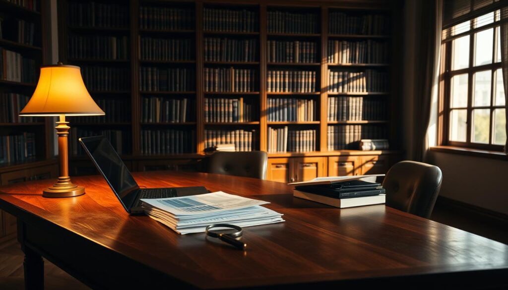 A serene, dimly lit office space, with a large wooden desk illuminated by a warm table lamp. On the desk, a laptop, a stack of financial documents, and a magnifying glass, symbolizing the careful analysis required for investment control strategies. In the background, a floor-to-ceiling bookshelf filled with financial tomes, casting long shadows across the room. The atmosphere is one of focused contemplation, as if the viewer is privy to the decision-making process of a seasoned investment professional, navigating the complexities of the market to protect their clients' assets during turbulent times.