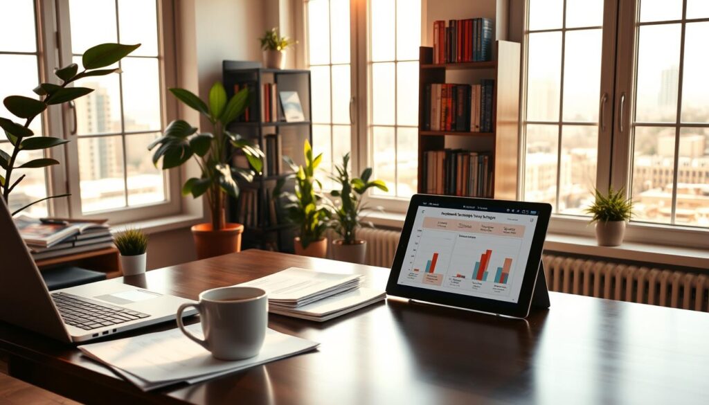 A serene home office scene, bathed in warm, natural light streaming through large windows. On the desk, a laptop, a stack of financial documents, and a mug of steaming coffee. Framed by potted plants and a bookshelf filled with investment guides, a tablet displays a chart of various retirement portfolio strategies. In the background, a cityscape through the window, suggesting the careful planning needed to secure a comfortable post-career life. The overall atmosphere is one of quiet contemplation and financial prudence, capturing the essence of "Investment Strategies to Stretch Your Savings".