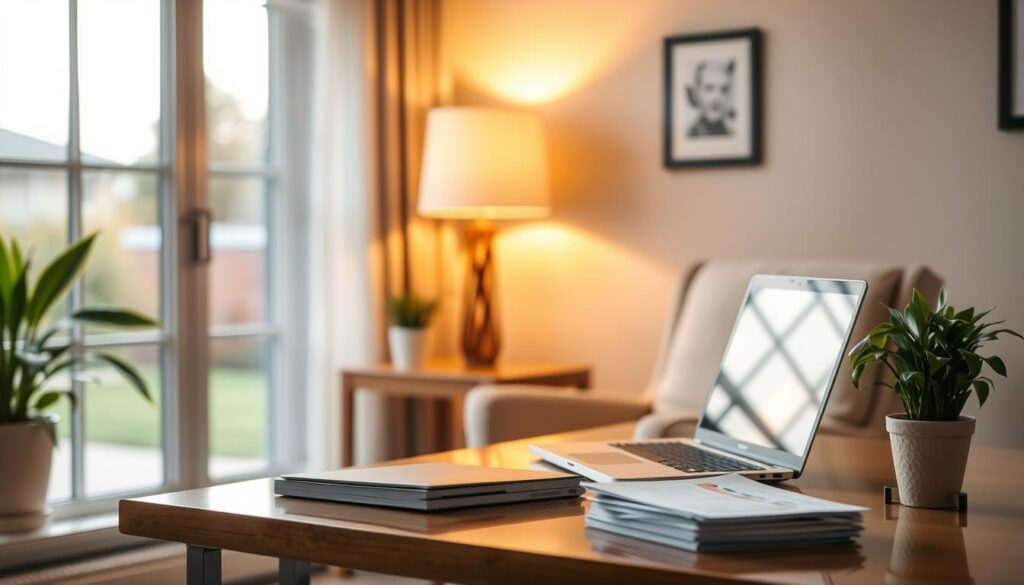 A serene home office with a comfortable armchair, a cozy desk lamp, and a potted plant, bathed in warm, natural lighting from a large window. On the desk, a laptop and a stack of papers, conveying a sense of passive income-generating activities. The background is blurred, suggesting a tranquil, suburban setting. The overall atmosphere evokes a hands-off, low-maintenance approach to business for retirees seeking a fulfilling, stress-free lifestyle.