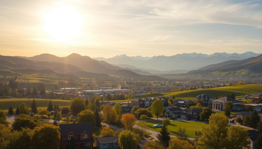 A serene landscape of lush, rolling hills under a warm, golden sun. In the foreground, a quaint suburban neighborhood with well-maintained homes and manicured lawns. In the middle ground, a bustling downtown area with charming shops and cafes. In the distance, towering mountains with snow-capped peaks. The scene exudes a sense of tranquility and financial security, conveying the idea of a tax-friendly, retirement-friendly state. The lighting is soft and diffused, creating a cozy, inviting atmosphere. The camera angle is slightly elevated, providing a panoramic view of the scene.