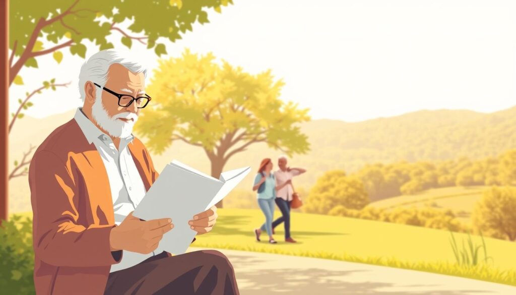A serene, minimalist illustration of three distinct retirement withdrawal strategies. In the foreground, a retiree confidently reviews financial documents, representing a steady, fixed-rate withdrawal. In the middle ground, a couple leisurely strolls through a picturesque park, symbolizing a flexible, variable withdrawal approach. The background depicts a lush, verdant landscape, hinting at a growth-oriented, total return withdrawal strategy. The scene is bathed in warm, golden light, conveying a sense of financial security and life balance. The image is rendered in a clean, modern aesthetic, with a focus on simplicity and clarity to aid comprehension of the different withdrawal methodologies.