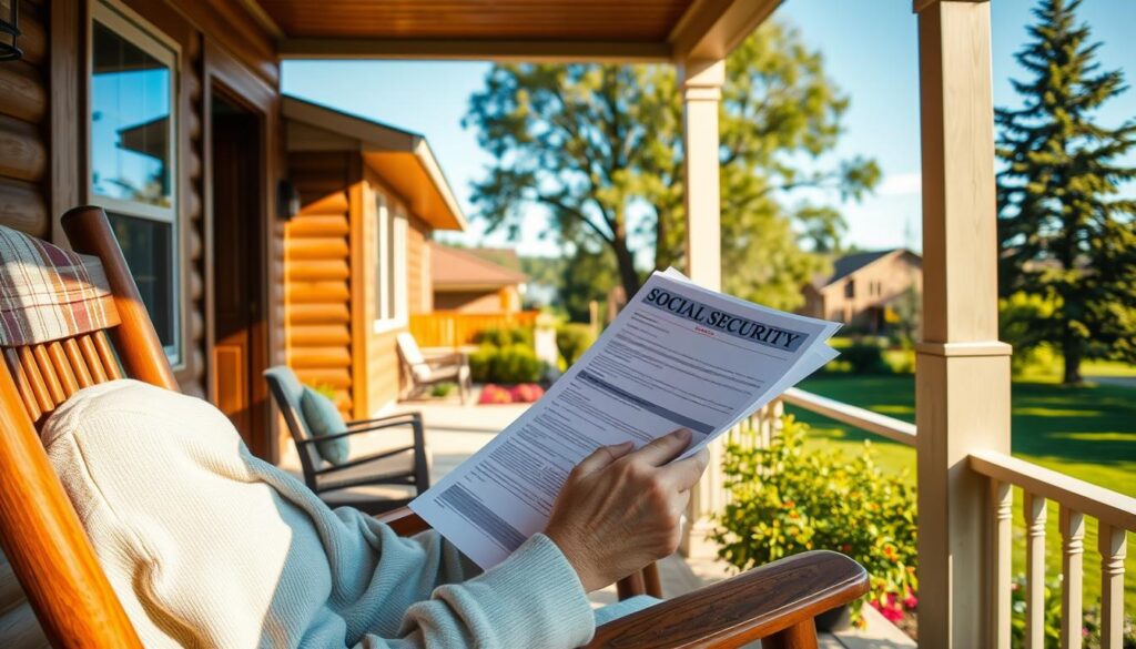 A serene, sun-dappled scene of a retiree in a rocking chair on a porch, contemplating a stack of documents representing their social security payments. The foreground features the retiree's hands carefully reviewing the paperwork, their expression one of thoughtful consideration. The middle ground showcases a well-maintained, cozy suburban home, its wooden exterior and well-tended garden evoking a sense of comfort and stability. In the background, a lush, verdant landscape with towering trees and a clear blue sky conveys a tranquil, peaceful atmosphere. Soft, warm lighting casts a gentle glow, and the composition is framed by the porch's decorative columns and railings, creating a sense of security and relaxation.