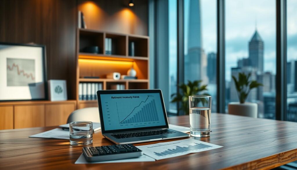 A sleek, modern office interior with a large window overlooking a cityscape. In the foreground, a wooden desk with a laptop, financial documents, and a glass of water. On the desk, a calculator and a graph showing retirement income annuity rates. Behind the desk, a bookshelf with financial books and a framed graph or chart. Soft, warm lighting illuminates the scene, creating a sense of professionalism and financial security. The overall atmosphere is one of thoughtful analysis and informed decision-making.