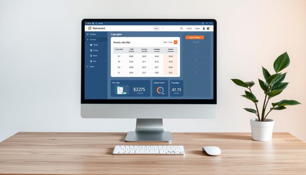 A sleek, modern retirement planning dashboard with an annuity calculator displayed prominently on a large, high-resolution computer screen. The calculator interface features clean typography, intuitive controls, and informative visualizations of annuity income projections. The screen is positioned on a minimalist, well-lit desk, complemented by a tactile, wood-grained surface and a potted plant adding a touch of nature. The overall scene conveys a sense of professionalism, financial security, and a thoughtful approach to preparing for a steady retirement income.