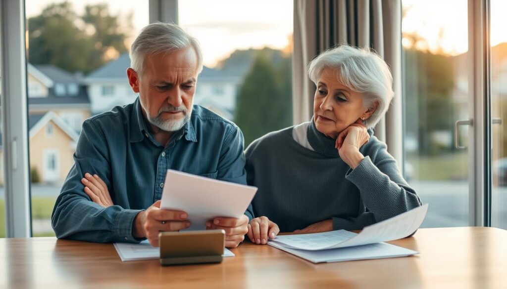 A thoughtful elderly couple sits at a table, papers and a calculator in front of them. The man leans forward, brow furrowed, deep in strategic discussion. The woman nods, her expression calm and focused. Behind them, a window overlooks a peaceful suburban neighborhood, the sky aglow with a warm, golden hour light. The scene conveys a sense of careful financial planning and consideration, as the couple weighs the pros and cons of a reverse mortgage to fund their retirement. The lighting is soft, the composition balanced, inviting the viewer to contemplate the important decision at hand.