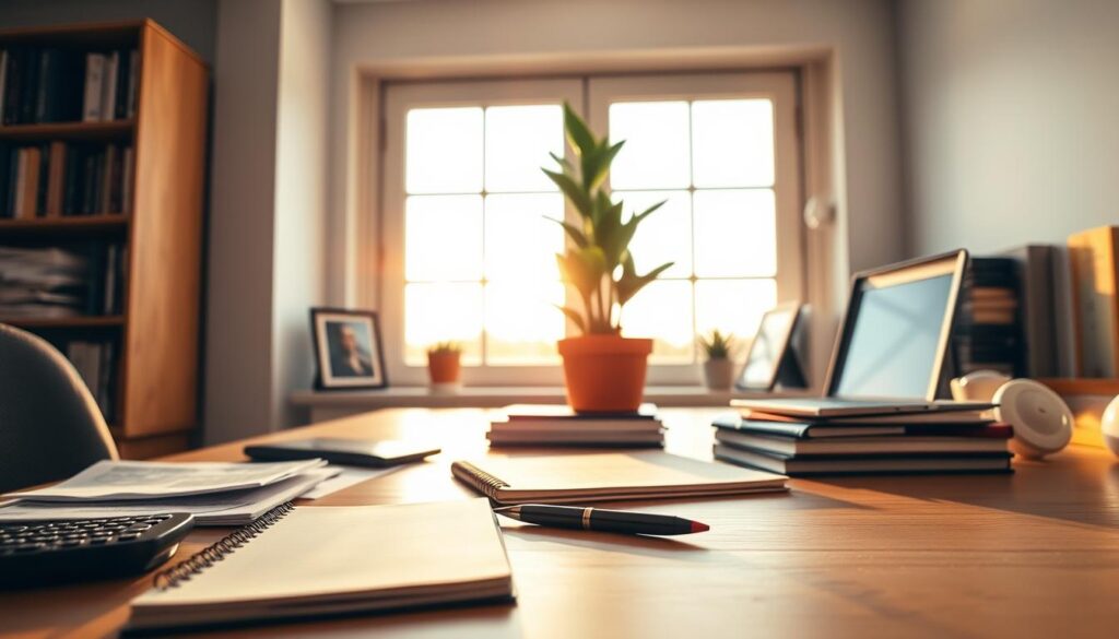 A tranquil scene of a person's desk, illuminated by warm natural light from a large window. In the foreground, a notebook and a pen symbolize financial planning, alongside a calculator and a stack of financial documents. In the middle ground, a potted plant and a framed photograph convey a sense of balance and personal fulfillment. In the background, a bookshelf showcases volumes on personal finance, investment strategies, and entrepreneurship, hinting at the individual's pursuit of passive income and debt reduction. The overall atmosphere is one of focus, organization, and a deliberate approach to securing a semi-retirement lifestyle.