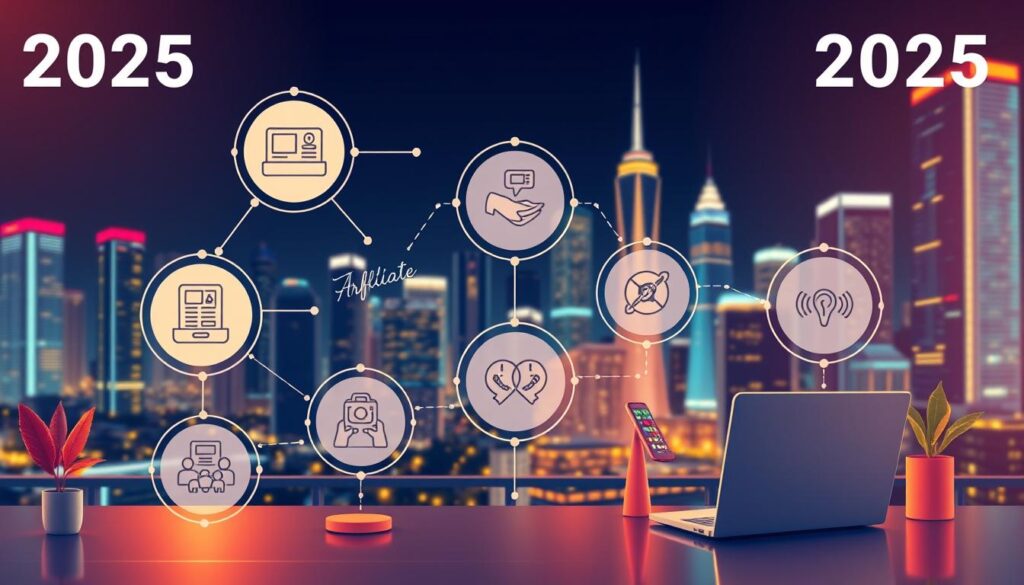 A vibrant and dynamic illustration depicting the key steps of affiliate marketing in 2025. In the foreground, a series of interconnected icons representing the core stages - product research, outreach to influencers, crafting compelling content, driving traffic, and tracking conversions. The middle ground showcases a modern, tech-savvy workspace with a laptop, smartphone, and other digital tools. In the background, a cityscape at night with neon-lit skyscrapers, symbolizing the global reach and scale of affiliate marketing in the digital age. Warm lighting, clean lines, and a sleek, futuristic aesthetic convey the efficiency and profitability of this marketing model in the years ahead.