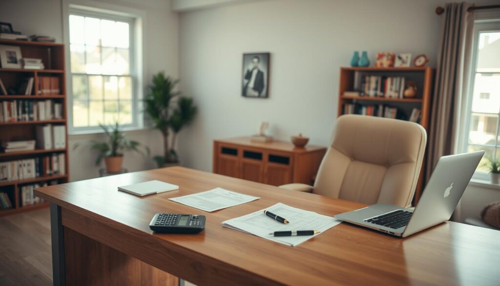 A well-lit, clean and modern home office setting with a large wooden desk, a comfortable office chair, and a laptop computer. On the desk, there are financial documents, a calculator, and a pen. In the background, a bookshelf filled with financial books and a window with a view of a suburban neighborhood. The overall atmosphere is one of organization, focus, and a sense of control over one's financial situation. The lighting is warm and natural, creating a welcoming and productive environment.