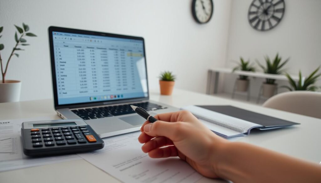 A well-lit, clean desktop scene with a laptop, a calculator, and financial documents spread out. The laptop screen displays a spreadsheet with formulas and numbers, indicating a calculation of net worth. In the foreground, a hand holds a pen, ready to take notes. The background features minimalist decor, with plants and a modern clock on the wall, conveying an atmosphere of focus and productivity. The lighting is soft and directional, creating depth and highlighting the key elements. The overall composition guides the viewer's attention to the process of calculating and tracking one's net worth.