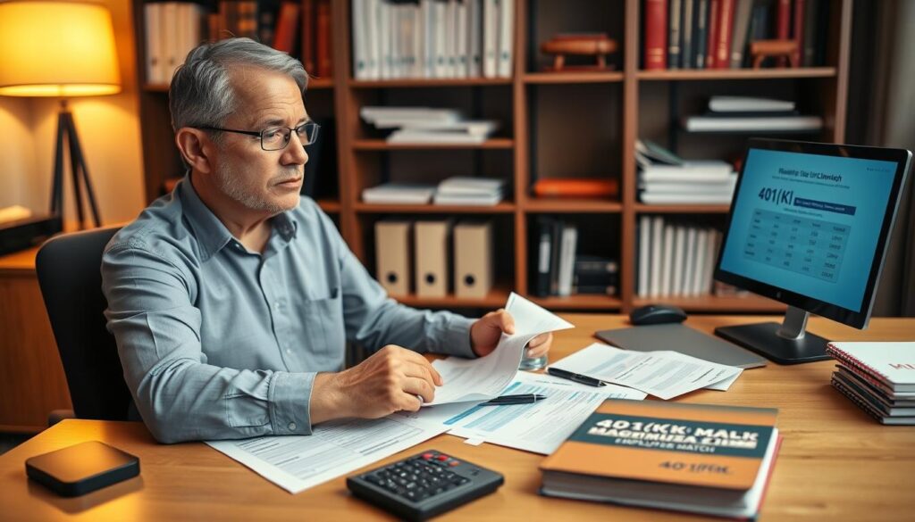 A well-lit office scene with a person sitting at a desk, reviewing financial documents and a laptop screen displaying a 401(k) account summary. The desk is organized, with a calculator, pen, and a 401(k) guide book. The background features shelves filled with books and financial documents, creating a professional, administrative atmosphere. Soft, warm lighting emanates from a nearby lamp, casting a subtle glow over the scene. The person's expression conveys focus and determination, reflecting the importance of maximizing the 401(k) employer match.