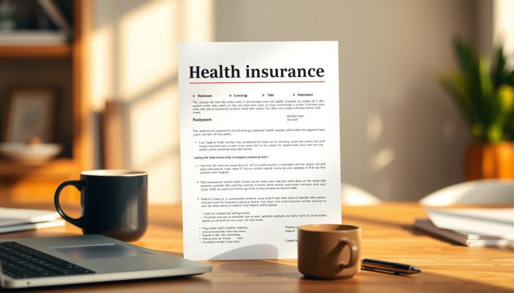 A beautifully designed health insurance policy document floats against a soft, blurred background of a freelancer's workspace. The document is illuminated by warm, natural lighting, casting gentle shadows and highlights that add depth and dimension. In the foreground, a laptop, coffee mug, and a pen rest on a wooden desk, hinting at the daily routines and responsibilities of the self-employed. The overall scene conveys a sense of security, organization, and the importance of proactive financial planning for the freelance lifestyle.