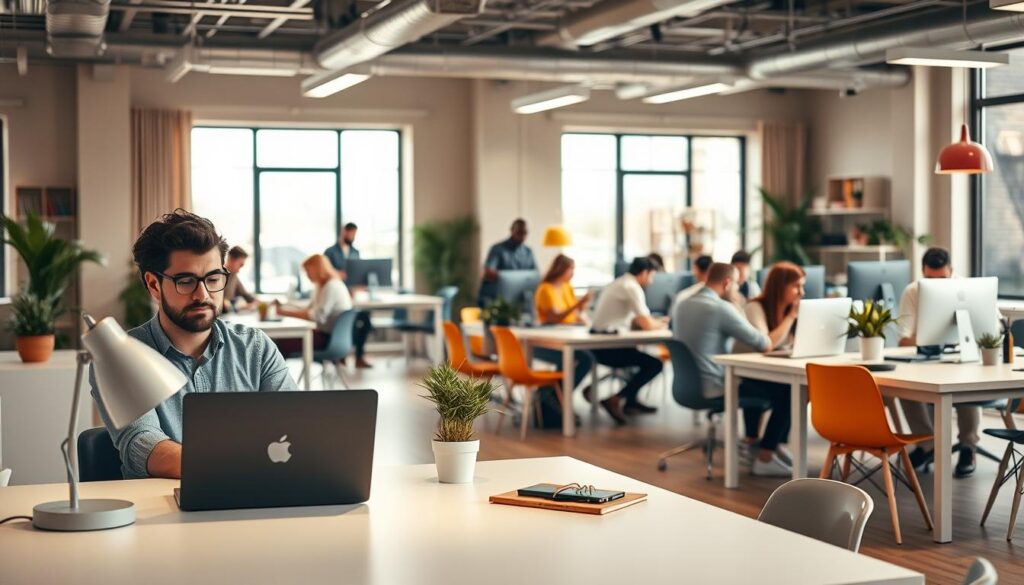 A bustling freelance office scene, filled with creative professionals at work. In the foreground, a freelancer sitting at a clean, minimalist desk, surrounded by the tools of their trade - a sleek laptop, a stylish desk lamp, a small potted plant. In the middle ground, colleagues collaborate at a communal workspace, exchanging ideas and working on various projects. The background showcases the modern, open-concept office space, with large windows allowing natural light to flood the room. Warm, neutral tones create a calming, productive atmosphere, while pops of vibrant color in decor and accents add a touch of visual interest. The overall scene conveys a sense of professionalism, collaboration, and the thriving freelance industry.