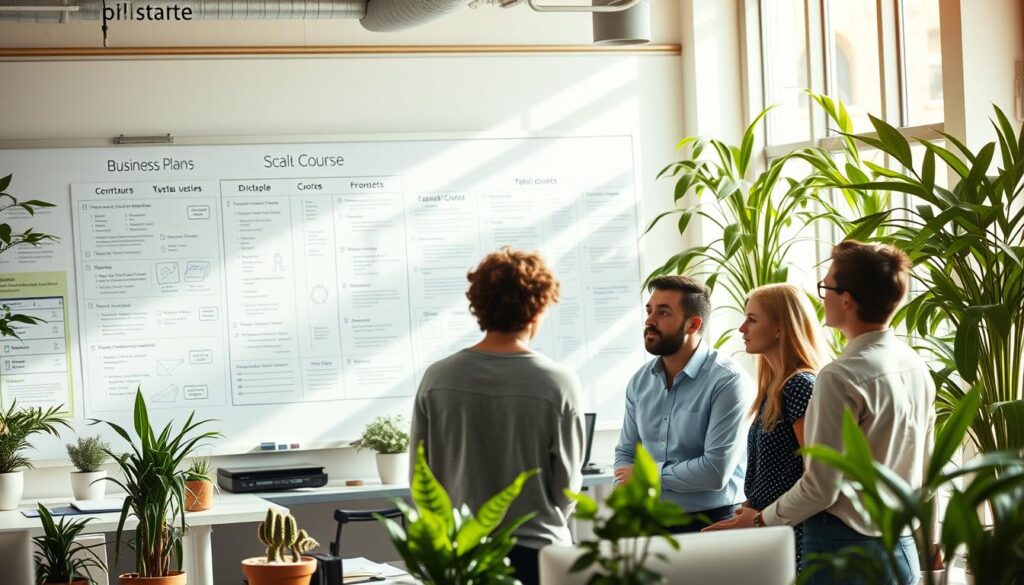 A bustling office space with an expansive whiteboard showcasing a detailed business plan, surrounded by organized workstations and thriving potted plants. The scene is bathed in warm, natural lighting filtering through large windows, creating a sense of productivity and growth. In the foreground, a team of professionals collaborate intently, discussing strategies to scale their online course offering, their expressions conveying a mix of determination and excitement. The overall atmosphere exudes a palpable energy of a business poised for expansion and success.