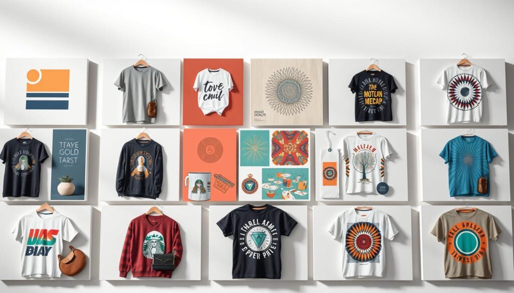 A collection of high-quality, eye-catching print-on-demand design examples, arranged in a visually appealing grid layout. The designs showcase a diverse range of styles, from modern minimalist graphics to vibrant, pattern-driven illustrations. The foreground features carefully curated product mockups, highlighting the designs on apparel, homegoods, and other merchandise. The middle ground showcases additional design samples, while the background subtly suggests a clean, studio-like environment with soft, directional lighting that accentuates the design elements. The overall mood is one of inspiration and creativity, inviting the viewer to imagine the potential of leveraging print-on-demand services to sell products online.