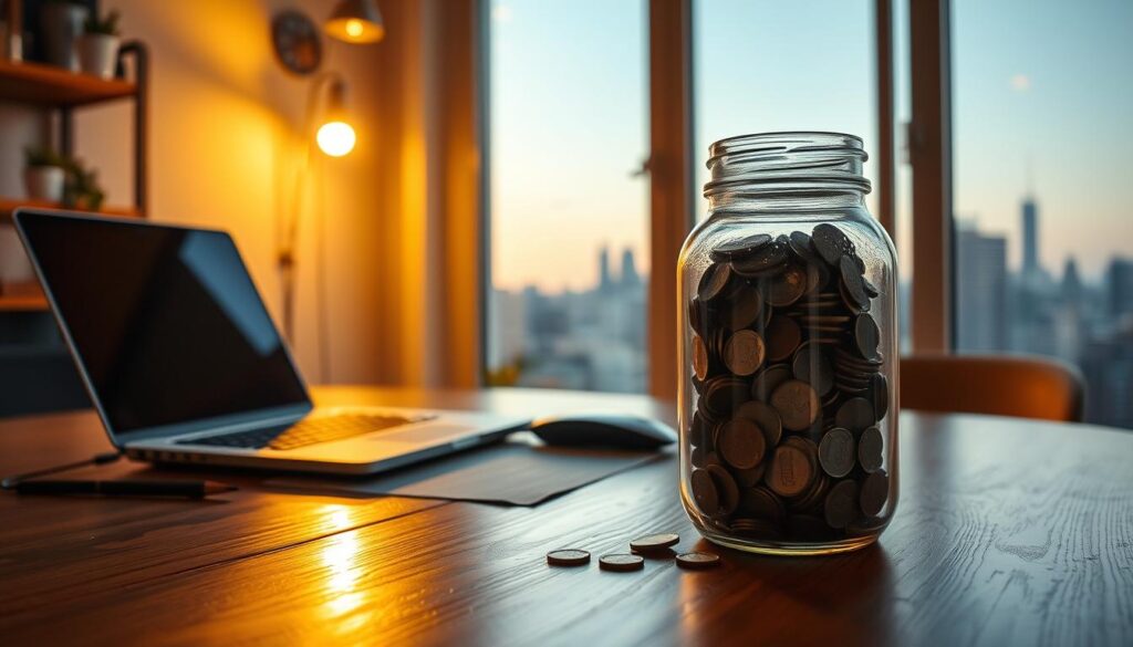 A cozy home office with a wooden desk, a laptop, and a glass jar filled with coins. The desk is illuminated by a warm, focused light, casting a comforting glow on the scene. In the background, a large window overlooking a peaceful city skyline, hinting at the freelancer's financial stability and preparedness. The jar of coins represents the emergency fund, a crucial safety net for the independent worker during lean months. The composition is balanced, with the jar of coins as the central focus, surrounded by the necessary tools of the freelance trade. The overall mood is one of financial security, discipline, and a sense of preparedness for the unpredictable nature of freelance work.