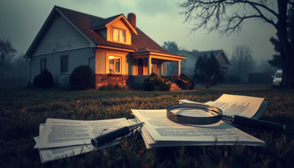 A cozy suburban home with a cracked foundation, peeling paint, and overgrown weeds, symbolizing the common mistakes homeowners make when choosing an inadequate home warranty plan. The house is dimly lit, casting long shadows across the unkempt lawn, conveying a sense of neglect and regret. In the foreground, a stack of discarded home warranty documents lies scattered, hinting at the frustration and disappointment of unmet expectations. The middle ground features a magnifying glass, emphasizing the need for homeowners to closely examine the fine print and understand the limitations of their coverage. The background is a hazy, overcast sky, adding to the somber tone and suggesting the financial and emotional toll of uncovered home repairs.