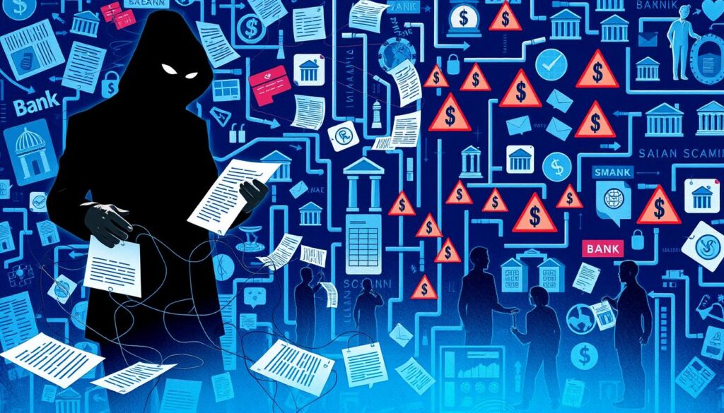 A detailed illustration depicting the various types of financial scams and fraud schemes. In the foreground, a shadowy figure representing a scammer manipulates a web of complex financial transactions and documents. In the middle ground, victims are shown being deceived through phishing emails, fake investment opportunities, and identity theft. The background is filled with a maze-like arrangement of bank logos, dollar signs, and warning symbols, creating a sense of the intricate and pervasive nature of financial fraud. Dramatic lighting casts ominous shadows, while a blue-tinted color palette evokes the cold, impersonal world of cybercrime. The overall scene conveys the need to be vigilant and informed about the diverse tactics used in financial scams.