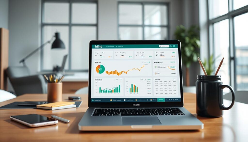 A digital dashboard displaying personal finance analytics, with a clean and intuitive user interface. In the foreground, a laptop screen showcases the Mint app, featuring colorful charts, graphs, and transaction records. The middle ground features a sleek, minimalist desk setup with a smartphone, coffee mug, and office supplies, conveying a sense of organized productivity. The background depicts a modern, well-lit office space with large windows, allowing natural light to flood the scene and create a calming, professional atmosphere. The overall composition emphasizes the seamless integration of personal finance management into the freelancer's daily workflow, promoting a sense of financial control and business acumen.