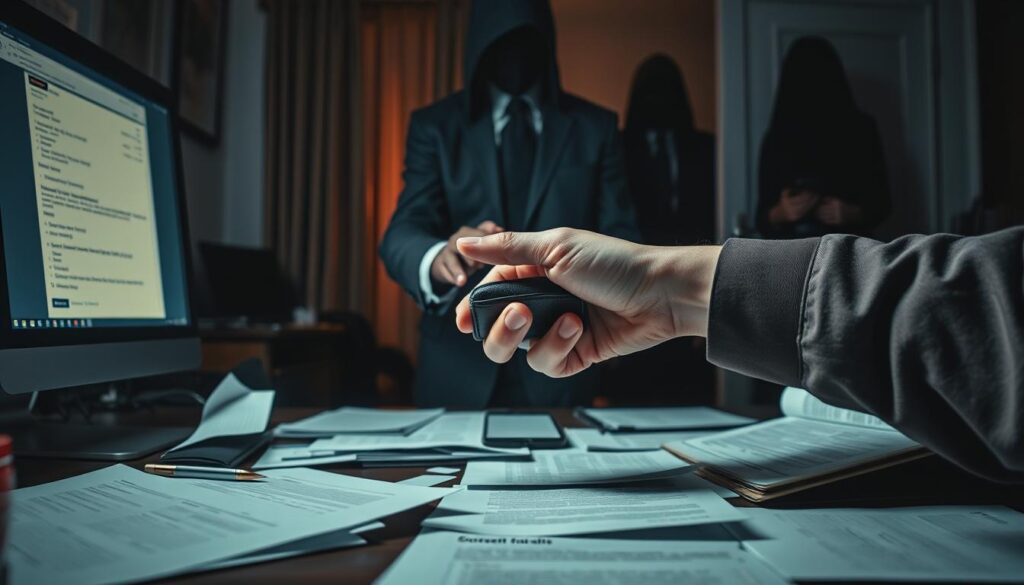 A dimly lit office, a desk with scattered documents, a computer monitor casting an eerie glow. In the foreground, various scam tactics unfold - a phishing email, a fake lottery notification, a fraudulent investment proposal. The middle ground reveals a victim's hands hesitantly reaching for a wallet, tempted by the promises of easy wealth. In the background, shadowy figures lurk, their faces obscured, orchestrating the deception. The scene is ominous, with a sense of unease and danger, highlighting the insidious nature of common scam tactics. Dramatic lighting and a moody color palette emphasize the gravity of the situation, the image serving as a stark warning to the unsuspecting.