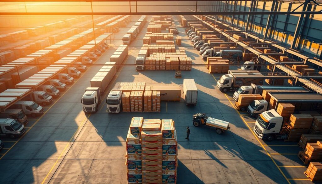 A high-contrast aerial view of an Amazon fulfillment center, with rows of packages and shipment trucks streaming in and out. The facility is bathed in warm, directional lighting, casting long shadows across the concrete yard. In the foreground, a stack of colorful, custom-printed merchandise boxes awaits pickup, while in the background, conveyor belts and robotic sorting arms efficiently process an endless stream of orders. The scene conveys the scale, efficiency, and potential of Amazon's print-on-demand capabilities, capturing the essence of optimizing for this lucrative sales channel.