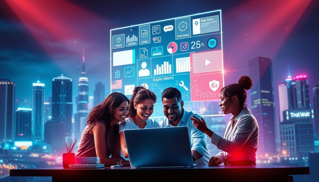 A high-contrast, cinematic digital illustration of a modern social media marketing strategy. In the foreground, a team of diverse professionals collaborating on a laptop, brainstorming social media content and campaign ideas. The middle ground features a holographic display showcasing various social media platforms, analytics, and campaign metrics. In the background, a dynamic cityscape with skyscrapers and a vibrant, neon-lit skyline, symbolizing the fast-paced, ever-evolving world of digital marketing. The scene is illuminated by dramatic lighting, creating a sense of energy and forward momentum, reflecting the urgency and importance of an effective social media strategy for a successful online business.