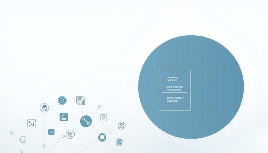 A high-key, minimalist illustration of a "learning outcomes framework" with a clean, modern aesthetic. In the foreground, a series of interconnected shapes and icons representing different learning objectives and competencies. In the middle ground, a grid-like structure delineating the overall framework and its key components. The background features a soft, gradient-based texture with subtle lighting, evoking a sense of clarity and focus. The overall composition conveys a harmonious, organized, and visually engaging representation of a structured approach to defining and assessing learning outcomes.