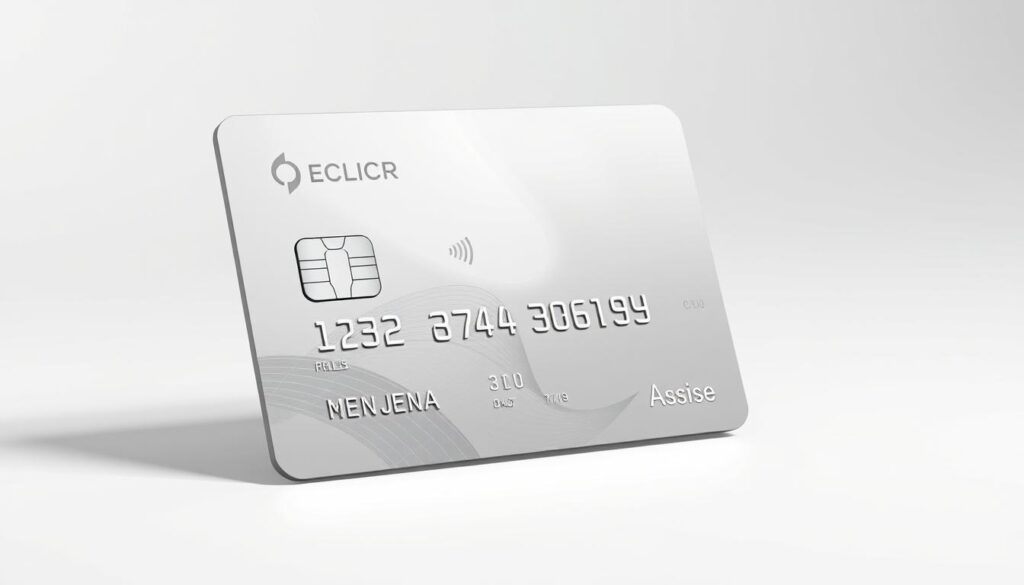 A high-quality, photorealistic image of a real-time payment insurance card in a clean, minimalist design. The card is made of sleek, high-gloss material, with sharp edges and a modern aesthetic. The front displays the card issuer's logo, a contactless payment symbol, and an abstract pattern in muted, metallic tones. The back showcases technical details like chip, magnetic strip, and account information. The card is positioned at a slight angle, casting a subtle shadow on a plain, white background, with soft, directional lighting highlighting its premium look and feel.