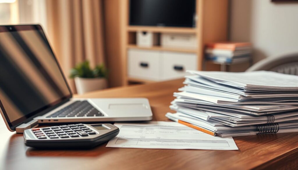 A neat and organized desk with a laptop, a calculator, and various financial documents neatly stacked. The lighting is soft and natural, casting a warm glow on the scene. The background is blurred, suggesting a cozy home office environment. The overall mood is one of focused productivity and careful financial management. The image conveys the idea of tracking both business and personal expenses, with the laptop and financial documents as the central elements.