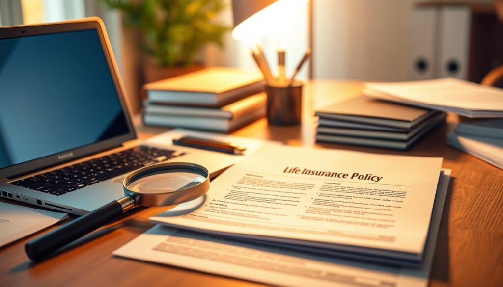 A neatly organized office desk with a laptop, paperwork, and a magnifying glass. Warm, directional lighting casts a focused glow, emphasizing the importance of the task at hand. In the foreground, a life insurance policy document is prominently displayed, its pages turned as if in the midst of a careful review. The background blurs softly, drawing the viewer's attention to the critical decision-making process. The scene conveys a sense of diligence, attention to detail, and the need to adapt one's financial protections to life's changes.
