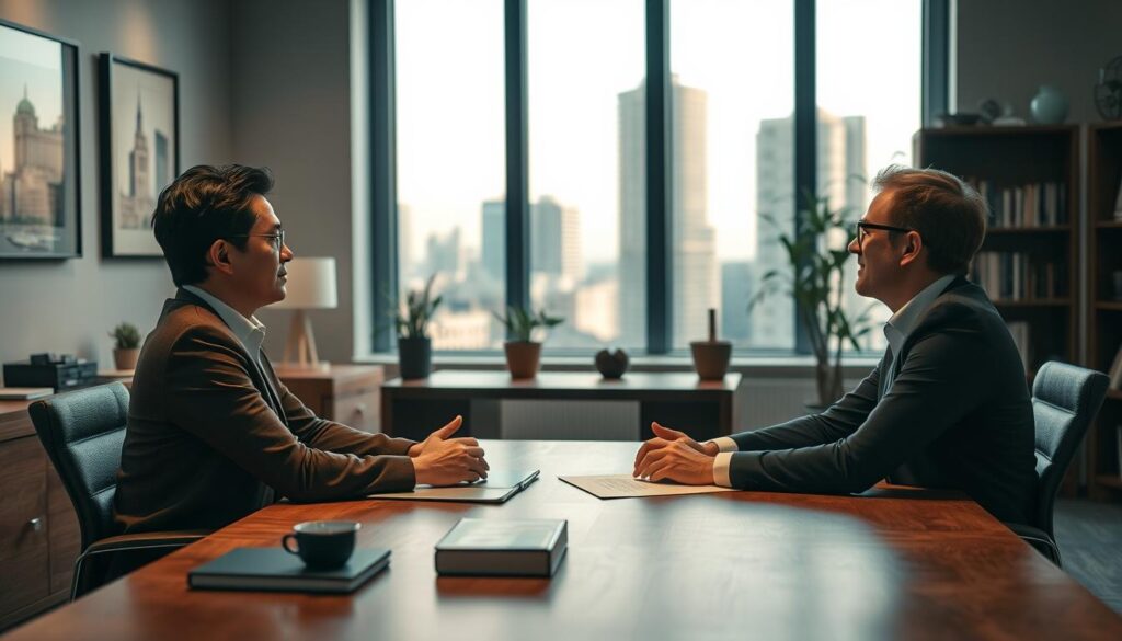 A negotiation scene set in a professional office environment. In the foreground, two people - a freelancer and a client - sit across a wooden desk, engaged in a discussion, their expressions conveying a sense of thoughtful deliberation. Subtle lighting casts a warm, focused glow, creating an atmosphere of serious yet amicable negotiation. The background features a tastefully decorated office space, with bookshelves, framed artwork, and a large window providing a glimpse of an urban skyline. The scene exudes a mood of confidence, professionalism, and the freelancer's ability to negotiate their rates effectively.