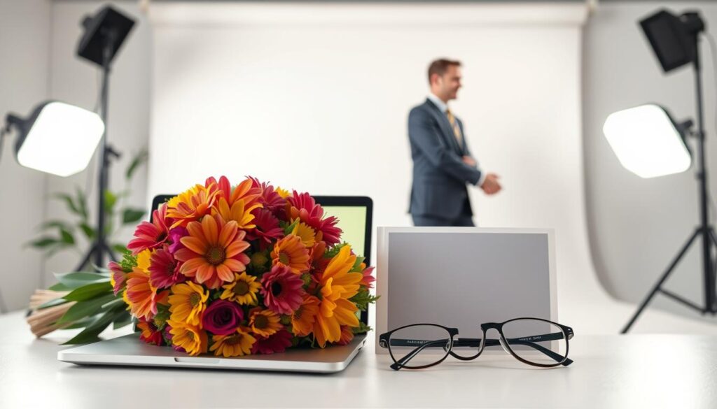 A professional studio setup with soft, even lighting creates a bright, inviting atmosphere. In the foreground, a collection of diverse, marketable stock photos - a vibrant flower bouquet, a laptop with a blank screen, a pair of stylish eyeglasses, and a businessman shaking hands. The middle ground features a clean, minimalist background with a subtle texture, allowing the focal elements to stand out. The overall composition emphasizes the versatility and commercial appeal of these stock photo assets, ready to be utilized in a wide range of editorial and advertising contexts.