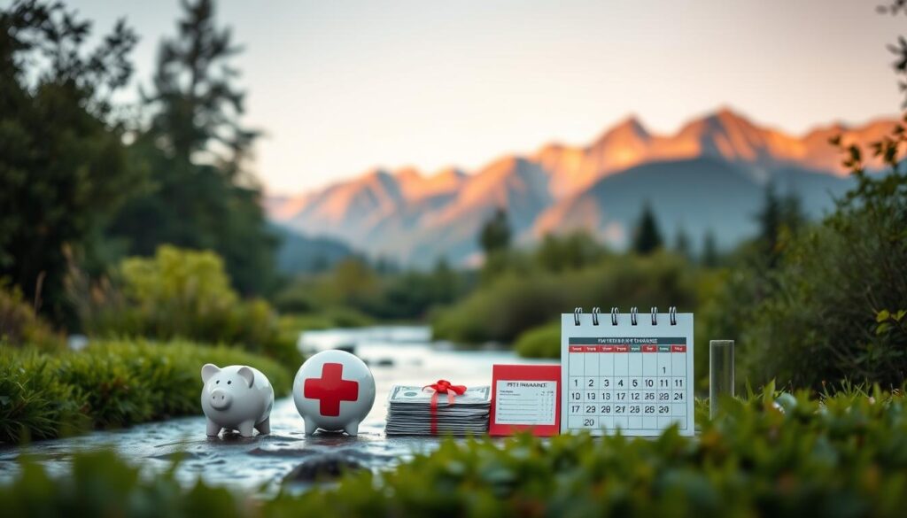 A serene, natural landscape with lush greenery and a tranquil stream or pond in the foreground. In the middle ground, various objects representing alternatives to pet insurance, such as a piggy bank, a stack of bills, a first-aid kit, and a veterinary appointment calendar. The background features a picturesque mountain range bathed in warm, golden light, creating a sense of balance and harmony. The scene is captured with a wide-angle lens, using soft, diffused lighting to convey a contemplative and thoughtful atmosphere.